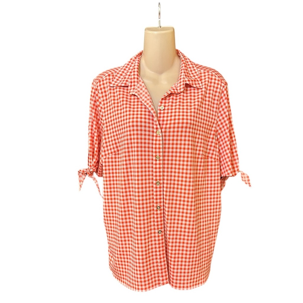 Peter Nygard‎ Women Top Orange White Check Button Front Slit Sleeve Polyester